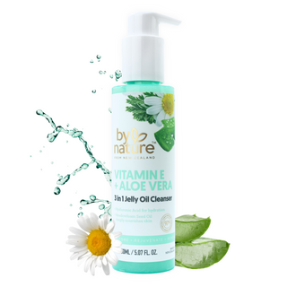 Bottle of 'by Nature' Vitamin E + Aloe Vera Cleanser with floral and aloe vera elements on a white background