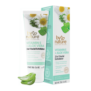 By Nature Vitamin E + Aloe Vera 2-in-1 Facial Exfoliator with packaging on a white background