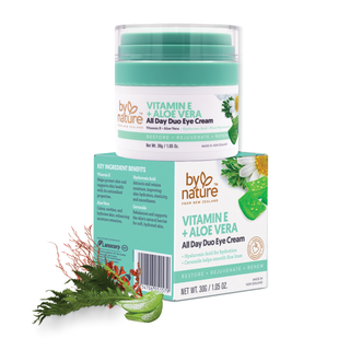 Vitamin E and Aloe Vera eye cream with packaging on a white background