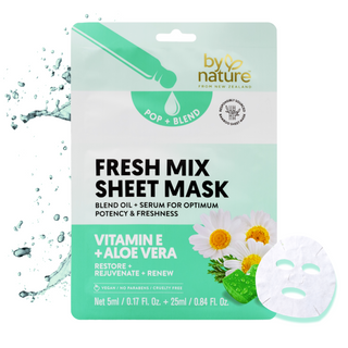 Face mask skincare packaging with a green splash in the background and an image of the sheet mask itself
