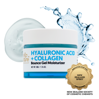 Jar of Hyaluronic Acid + Collagen Bounce Gel Moisturizer with water splash on a white background
