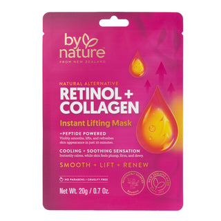 Pink packaging of a retinol + collagen instant lifting mask by By Nature from New Zealand.