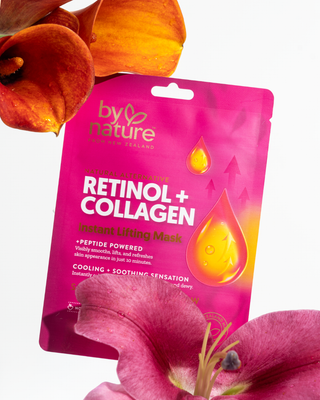 Pink package of 'by nature' Retinol + Collagen mask with flowers in the background