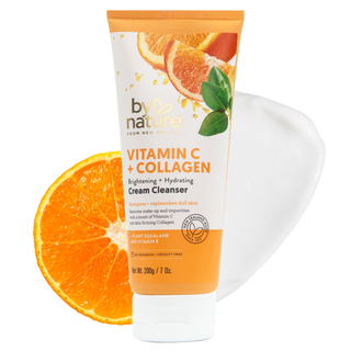By Nature Vitamin C + Collagen Cream Cleanser with orange slice and cream texture
