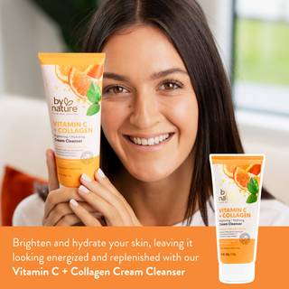 Woman holding By Nature Vitamin C + Collagen Cream Cleanser and skincare products