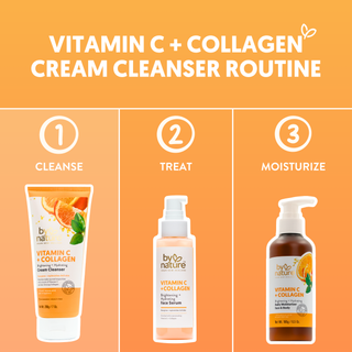 By Nature Vitamin C + Collagen skincare routine with cleanser, serum and moisturiser